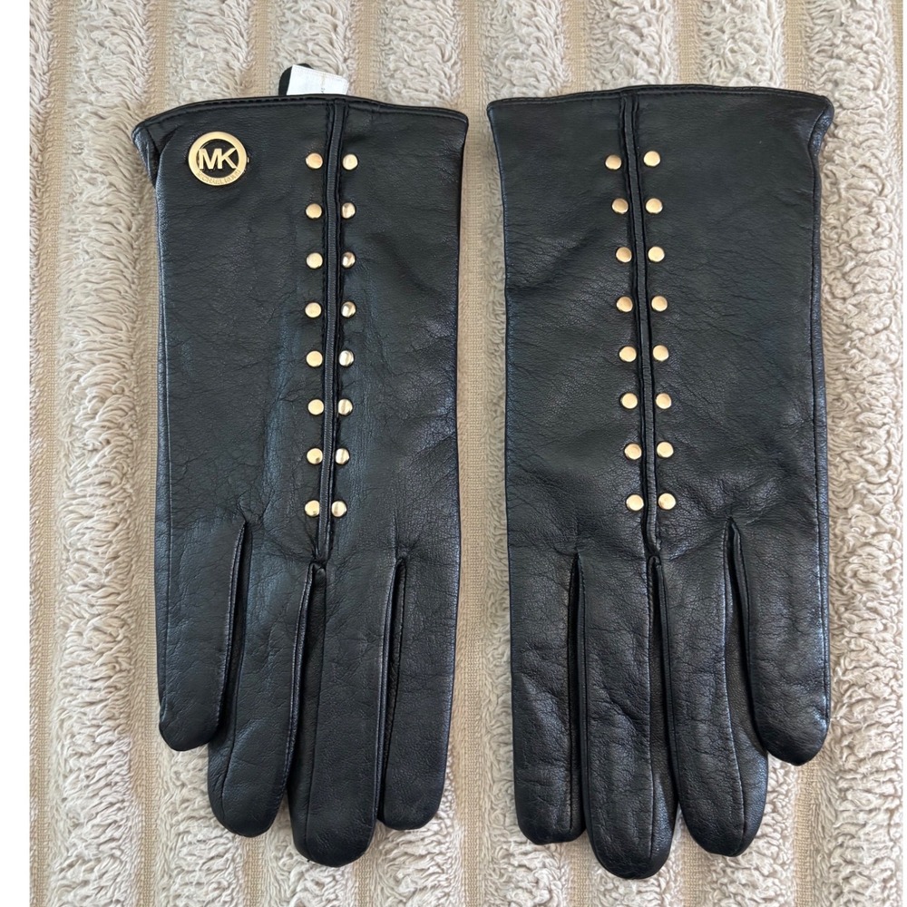 Michael Kors Black Leather Gloves Gold Studded MK Logo Medallion Womens